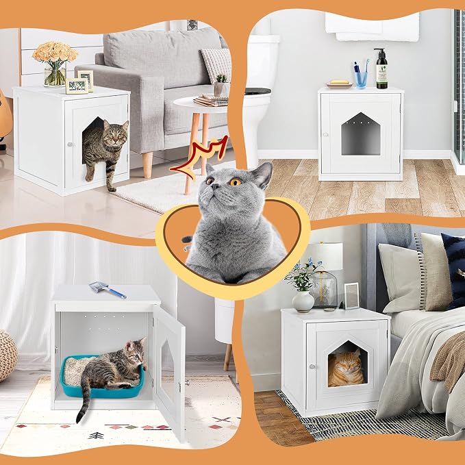 ZENY Cat House & Side Table, Pet Cat Litter Box Enclosure with Vent Holes, Wooden Enclosed Cat Washroom, White