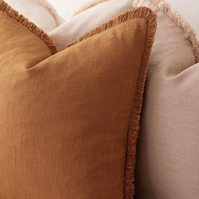 Foindtower Set of 2 Decorative Linen Fringe Throw Pillow Covers Cozy Boho Farmhouse Cushion Cover with Tassels Soft Accent Pillowcase for Couch Sofa Bed Living Room Home Decor, 18×18 Inch, Orange