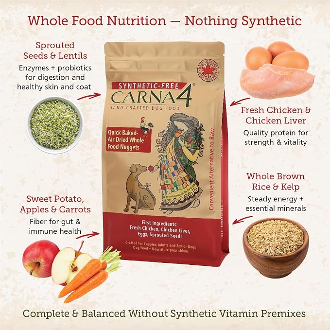 CARNA4 Gentle Quick-Baked Air-Dried Dog Food, Chicken Recipe, 22lb | Fresh Chicken, Liver, Whole Eggs & Organic Sprouted Seeds, Never Extruded, No Synthetic Vitamins or Minerals
