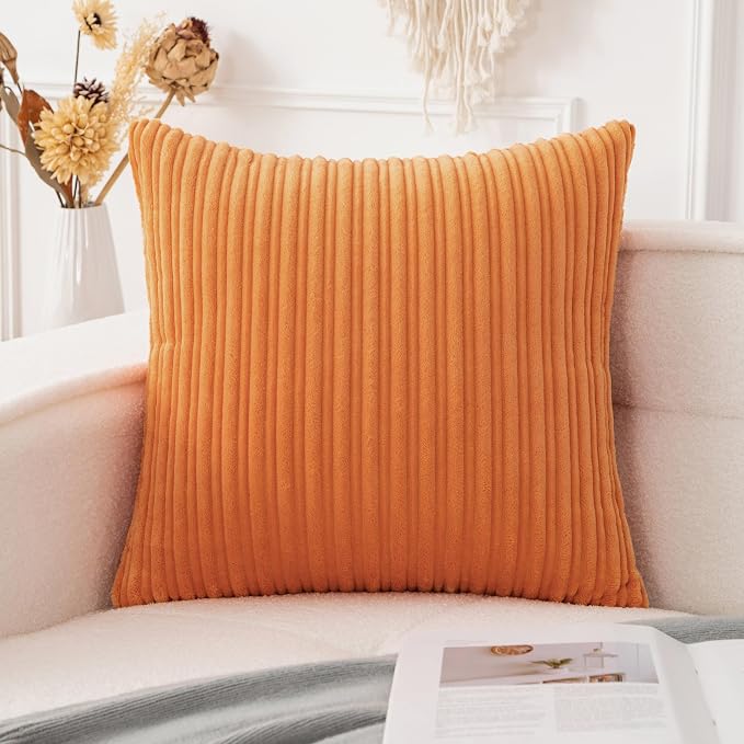 UGASA Fall Decorative Soft Velvet Stripe Pillow Cover 1 Pack Solid Corduroy Textured Euro Cushion Case for Couch Bedroom Sofa Farmhouse, 26x26 Inch, Orange