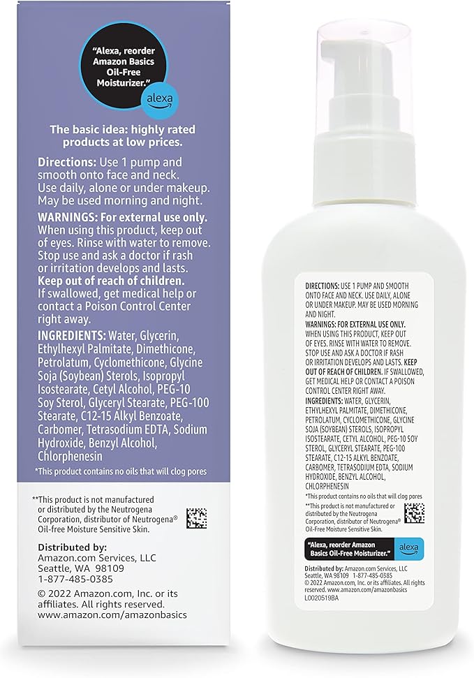 Amazon Basics Oil-free Facial Moisturizer for Sensitive Skin, Fragrance Free, 4 Fluid Ounce (Previously Solimo) (Pack of 3)