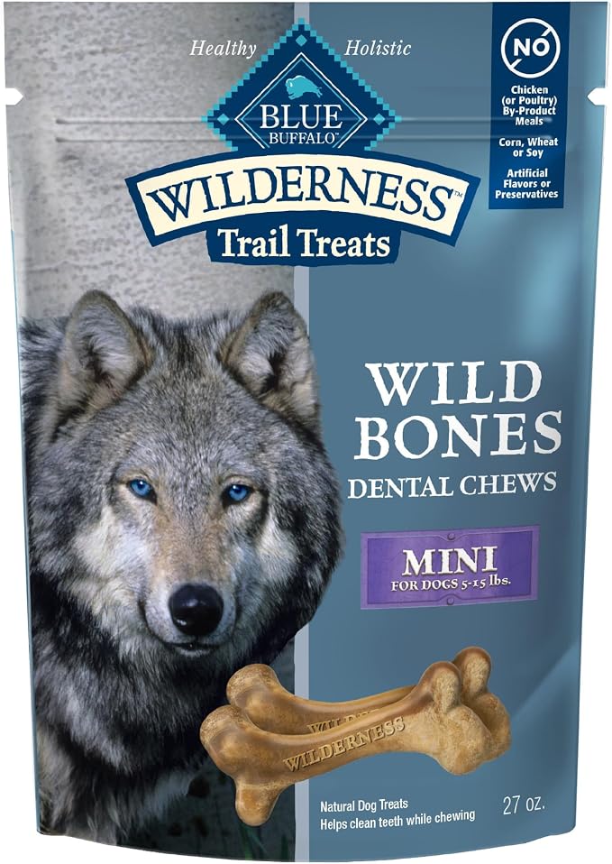 Blue Buffalo Wilderness Mini Dog Dental Chews, Grain-Free, 27 oz | Reduces Tartar & Plaque, Freshens Breath, Sized for Dogs 5-15 lbs., No Artificial Preservatives