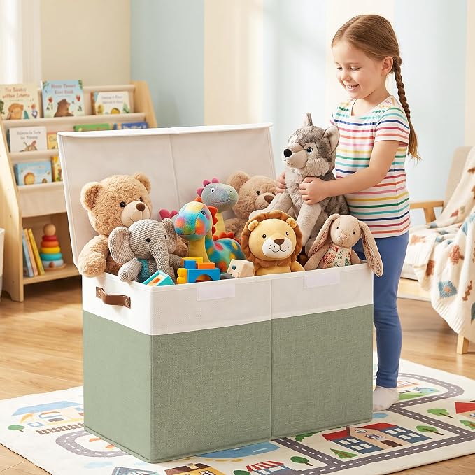Large Toy Storage Box with Lids, Collapsible Sturdy Baby Storage Organizer Chest Bin Basket for Kids, Boys, Girls, Playroom, Nursery, Bedroom, Closet 25"x13"x16" (Green and White)