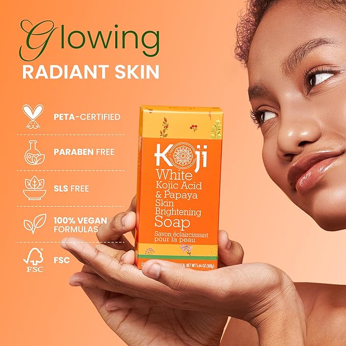 Koji White Kojic Acid & Papaya Skin Brightening Soap, Exfoliating Facial Bar, Radiant Skin, Rejuvenates, Moisturizer, Even Tone Cleansing Bar with Hyaluronic Acid, Vegan Soap, 2.82 oz (2 Bars)