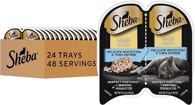 Sheba Perfect Portions Cuts Wet Cat Food, Whitefish & Tuna, 2.6 oz, 24 ct | Grain-free, 48 servings, twin-pack trays, real sustainable fish, no fillers or artificial flavors, essential vitamins