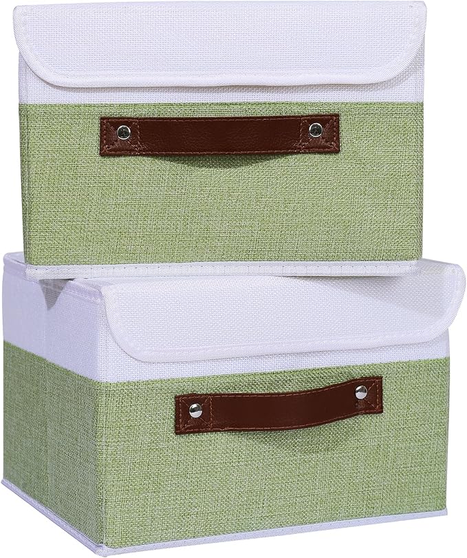 ANMINY Fabric Storage Box Bins with Lids, Green White, 10"x8"x7", 4 Pack | Keepsake Memory Storage, Cotton Linen, PP Board Reinforced, Washable, PU Handles, Foldable & Stackable, Decorative, Small