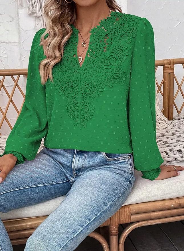 Womens Tops Swiss Dot Boho Long Sleeve Shirts V Neck Casual Chiffon Blouses Flowy Lace Hem Cute Clothing Trendy 2026