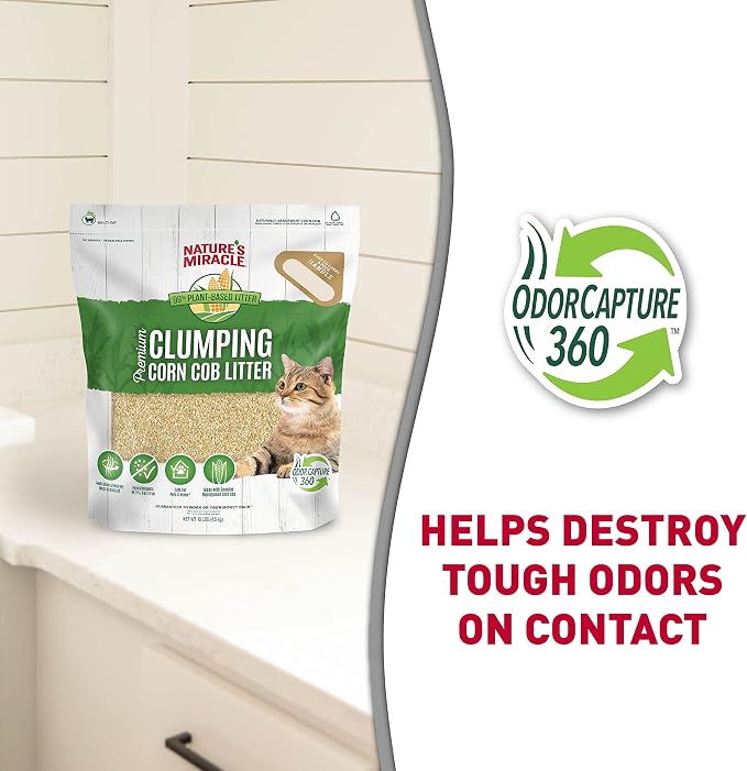 Nature's Miracle Premium Clumping Corn Cob Cat Litter, 10 lbs | Bio-Enzymatic Formula Detroys Tough Odors, 99.9% Dust Free, Premium Clumping Formula Aborbs Liquid, Resealable Bag