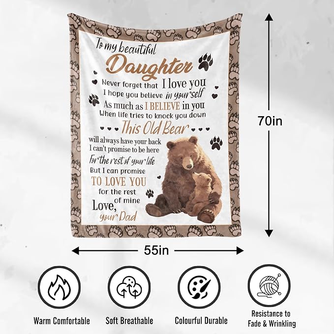UFOORO Throw Blanket Daughter Gifts, Bear Hug Soft Fleece Blanket, Heartfelt Gift from Father to Daughter, Sweet Best Gifts for Adult Daughters Birthday Christmas Valentine's Day 55"X70"
