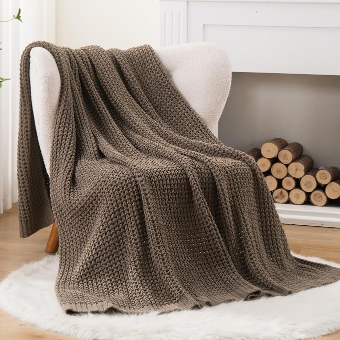 Knitted Waffle Throw Blanket , Camel Tan Throw Blanket for Couch 60x80in | Cozy Chunky Knit Throw Blanket Soft Warm Throws for Men Father Birthday Gifts, Modern Farmhouse Knitted Style