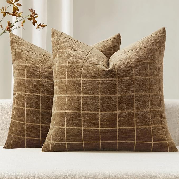 MIULEE Toffee Plaid Decorative Fall Throw Pillow Covers 18x18 Set of 2 | Vintage, Check Chenille Couch Pillows, Boho Farmhouse Cushion Covers, Modern Home Decor for Sofa Bed Living Room