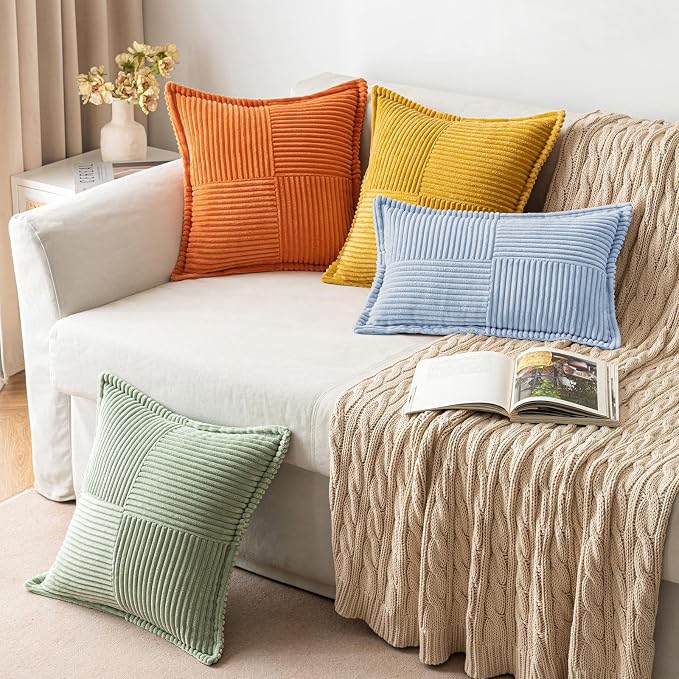 MIULEE Decorative Throw Pillow Covers for Couch 20x20 Inch Light Blue | 2 Pack, Boho Broadside Striped Patchwork Pillow Covers, Soft Corduroy Cushion Cases, For Sofa Bed Livingroom Home Decor