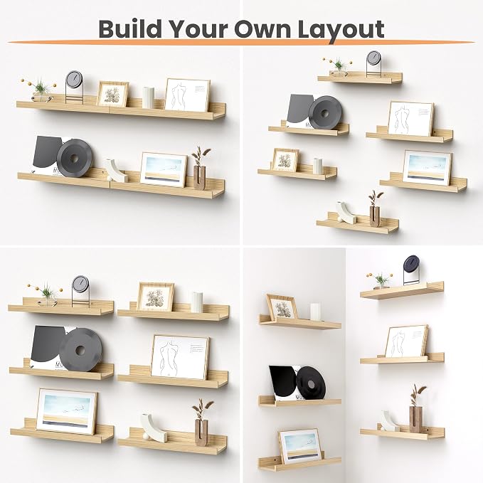 upsimples Floating Shelves for Wall Decor Storage, Natural, 6Pcs, 15.7'' | Wall Mounted Wood Shelves for Living Room, Bedroom, Bathroom, Kitchen, Office, Laundry Room Display and Organize