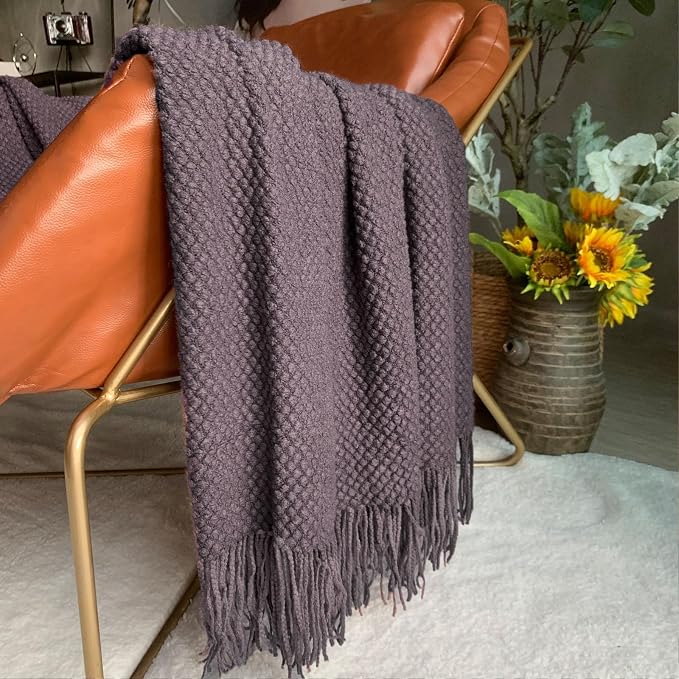 LOMAO Knitted Throw Blanket with Tassels Bubble Textured Soft Blanket Lightweight Throws for Couch Cover Home Decor (Grey Purple, 50x60)