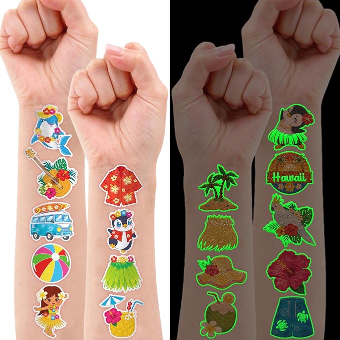96 PCS Hawaiian Luau Pre-Cut Luminous Glow in the dark Temporary Tattoos for Kids | Super Cute Themed Birthday Party Favors, Supplies, Decorations, Summer Fake Tattoo Stickers Gifts for Boys Girls