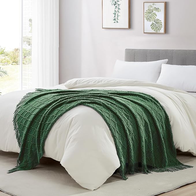 BOURINA Green Throw Blanket 50 x70 Inch Jacquard Throw Knitted Blanket | Jacquard Argyle Throw Textured Solid Soft Throws and Blankets for Sofa or Bed Knitted Decorative Blanket