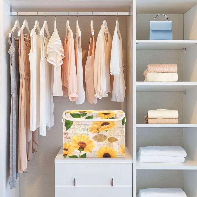 Yellow Sunflower Storage Bins with Lids and Carrying Handle,Foldable Storage Boxes Organizer Containers Baskets Cube with Cover for Home Bedroom Closet Office