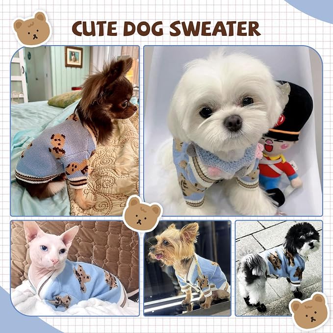 Small Dog Sweaters Cute Bear Knitted Dog Cardigans Clothes for Small Medium Dogs Soft Pet Puppy Cat Knitting Outfits Fall Winter Warm Boy Girl Dogs Knitwear Coat Apparel（Blue,Medium）