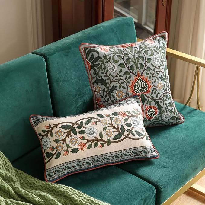 Vintage Linen Throw Pillow Cover,Set of 2,20"x12"-Naples C | Designer French Elegant Pillow Cover,Concealed Zipper Design,Floral Pattern,Sofa,Bedroom,Living Room,Lounge Chairs