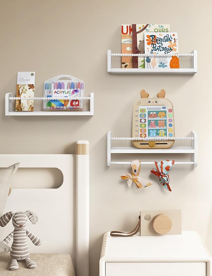 Maxpeuvon Nursery Book Shelves for Wall, White Floating Shelves Set of 3 | Natural Wood Nursery Shelves, with Towel Bar, Storage Shelf for Books, Toys and Decor, for Kids Room, Bedroom, Living Room
