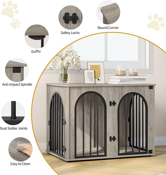 Hzuaneri 31.5'' Dog Crate Furniture,Dog Kennel Indoor for Small/Medium Dogs | Dog Kennel Furniture Wooden Dog Cage Heavy Duty Dog Crate Decorative Pet House End Side Table TV Stand,Greige Black DFC85105B