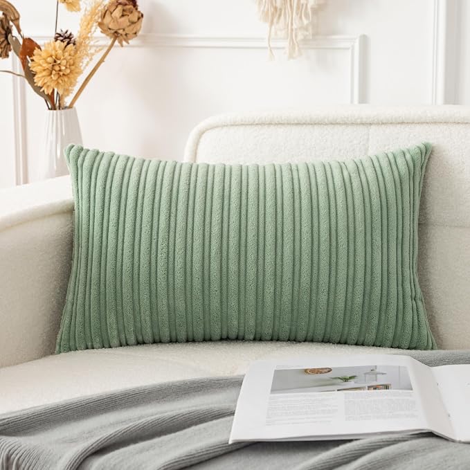 UGASA 14x24 Inch Pillow Cover Pack of 1 Soft Boho Stripe Corduroy Long Rectangular Lumbar Cushion Cover Farmhouse Decorative Throw Pillowcase for Bed, Couch, Sofa, Bedroom, Living Room, Sage Green