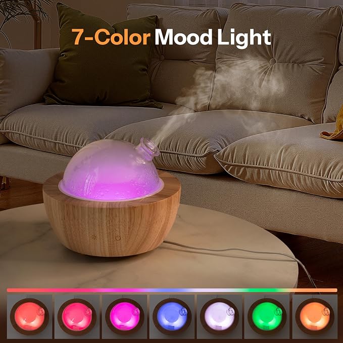 280ml Glass Essential Oil Diffuser with Natural Wood Base, The 2025 Upgrade Aromatherapy Diffusers for Home, Cool Mist Air Aroma Diffuse Humidifier with 7 Color Lights for Office, Bedroom