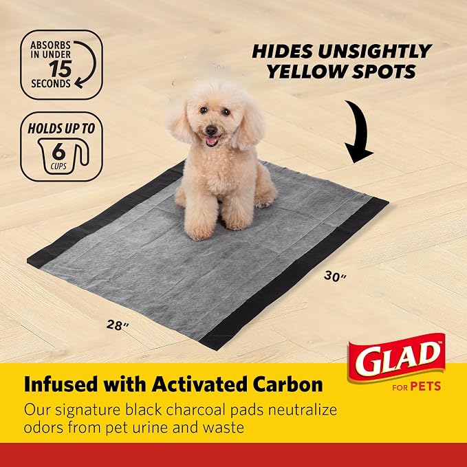 Glad for Pets XL Charcoal Training Pads for Dogs and Puppies, 50 Ct, 4-Pk | 6-layer, activated-carbon pads with pheromone attractant, leak-proof, extra-large 28 x 30 in coverage