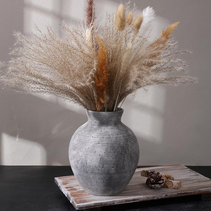 Ceramic Flower Vase Home Decor, 7.4 in Farmhouse Table Vases Retro Vintage Living Room Kitchen Bedroom Decoration Pottery Decorative Vases for Flowers House Shelf Office Desk Dining Entryway, Grey