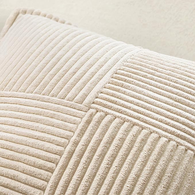 MIULEE Decorative Throw Pillow Covers for Couch Bed Livingroom 18x18 Inch Set of 2 Beige Boho Accent Throw Pllows Broadside Striped Patchwork Soft Corduroy Pillowcases (Pack of 2)