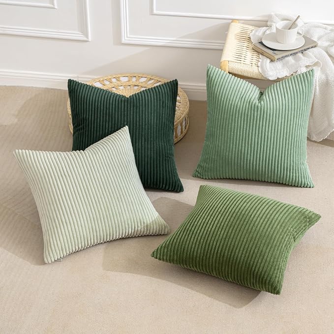MIULEE Soft Corduroy Decorative Throw Pillow Covers Forest Green 16x16 | Set of 4, Mordern Nordic Home Decor, Gradient Color Matching, Boho Farmhouse Cushion Covers for Couch Bed Sofa Living Room