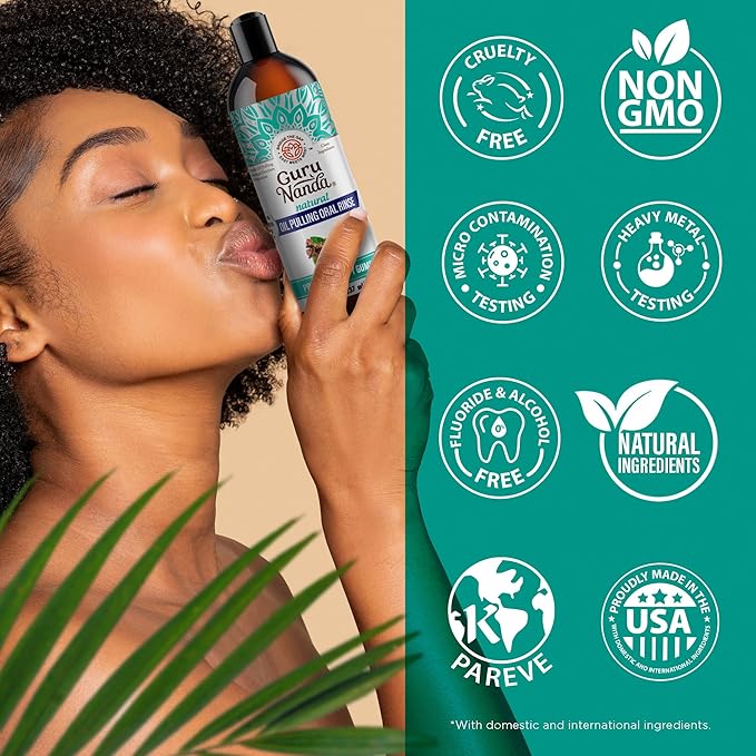 GuruNanda CocoMint Oil Pulling Mouthwash for Complete Oral Hygiene, 7 Essential Oils & Vitamins for Happy Teeth & Gums & Fresh Breath , Alcohol-Free, 8 oz