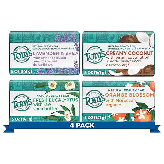 Tom's of Maine Bar Soap Variety Pack, Natural Bar Soap for Women and Men, Lavender & Shea, Fresh Eucalyptus, Creamy Coconut, Orange Blossom, 5 oz Bars (4-Pack)