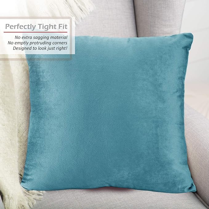Throw Pillow Inserts Pack of 2 with Velvet Soft Solid Decorative Square Throw Pillow Covers Set for Sofa Couch Car Bedroom, 26X26 Throw Pillows Inserts with 24x24 Washable Cushion Covers,Beach Blue
