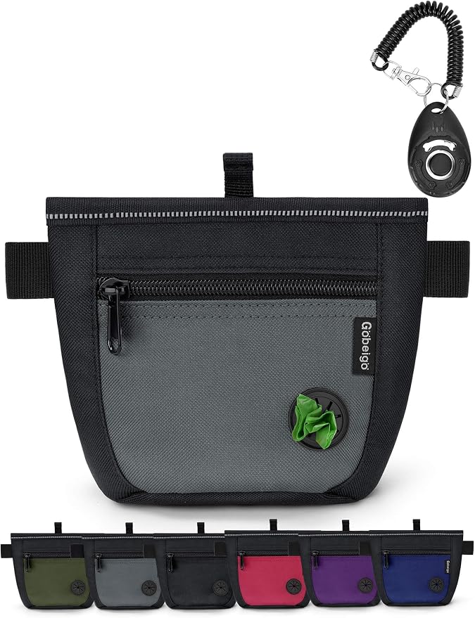 Gobeigo 2 Cup Dog Treat Pouch with Training Clicker(Black/Gray) | 2 Pair Magnetic Closures, Zipper Pocket with Poop Bag Holder, Waist Belt & Metal Clip to Wear for Pet Training/Daily Walking
