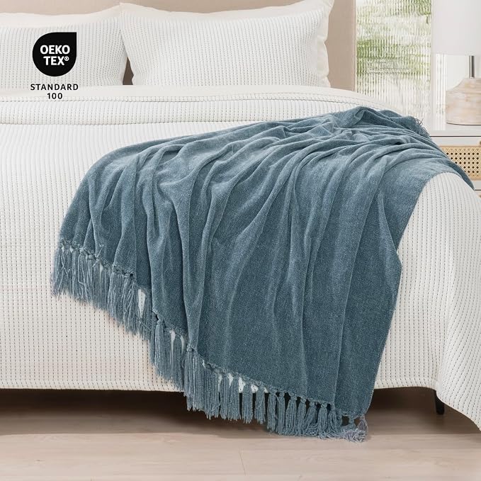 RECYCO Throw Blanket Soft Cozy Chenille Throw Blanket with Fringe Tassel for Couch Sofa Chair Bed Living Room Gift (Dusty Blue, 60'' x 80'') | Super Soft Knit Throw Blanket with Fringe Tassels, Lightweight Knitted Throw, Cozy, Ideal for Sofa Chair Bed ...