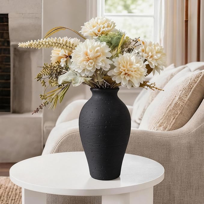 Ceramic Flower Vase Home Decor, 11 in Farmhouse Table Black Vases Rustic Vintage Living Room Kitchen Bedroom Decorations Pottery Decorative Vases for House Shelf Office Coffee Desk Dining Fireplace