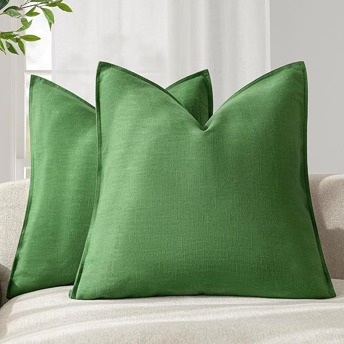 Foindtower Pack of 2, Decorative Linen Solid Throw Pillow Covers Soft Accent Euro Cushion Case Boho Farmhouse Pillowcase for Chair Couch Sofa Bedroom Living Room Home Decor 18 x 18 Inch Forest Green