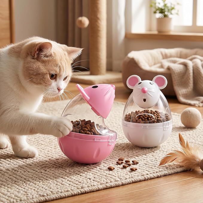 2 Pcs Cat Food Ball Dispenser, Mice Shaped Treat Dispenser for Cats, Slow Feeder Tumbler Toy for Training, Interactive Toys for Indoor Cats (Pink, White)