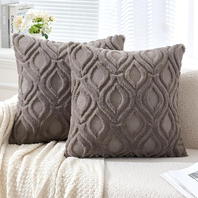 MIULEE Dark Grey Soft Plush Faux Wool Throw Pillow Covers 16x16 | Set of 2, Farmhouse Boho Home Decor, Decorative Cushion Covers for Sofa, Living Room, Bed