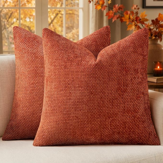 MIULEE Fall Decorative Couch Throw Pillow Covers 18x18 Burnt Orange 2 Pack | Modern Boho Accent, Soft Chenille Pillow Covers, Farmhouse Cushion Cases for Home Decor Bed Sofa Living Room