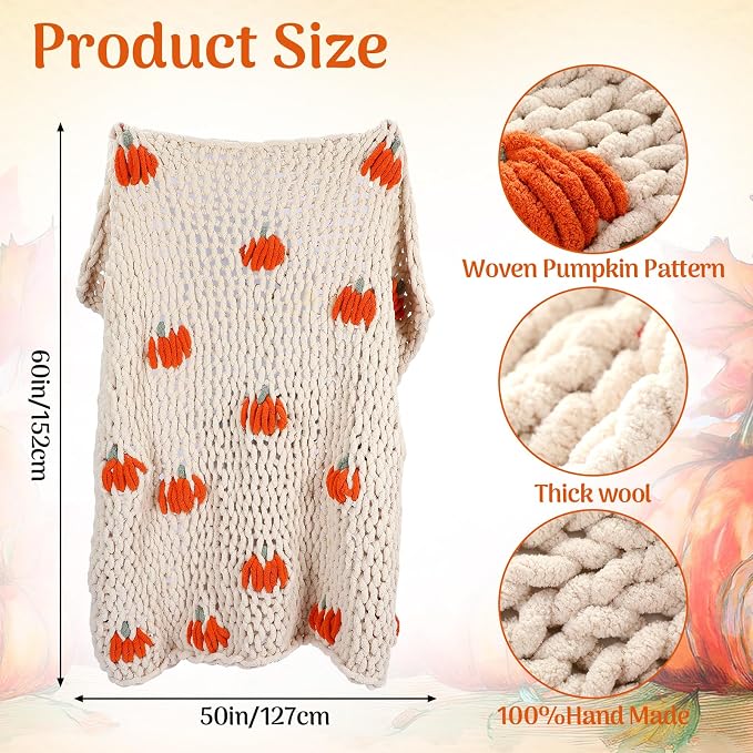 Fall Pumpkin Chunky Knit Throw Blanket 50" x 60",Beige | Large Handmade Chenille Loop Yarn Fluffy, Soft Knitted Throw, Big Cozy Thick Cable Knit Crochet Blanket, for Couch Sofa Bed
