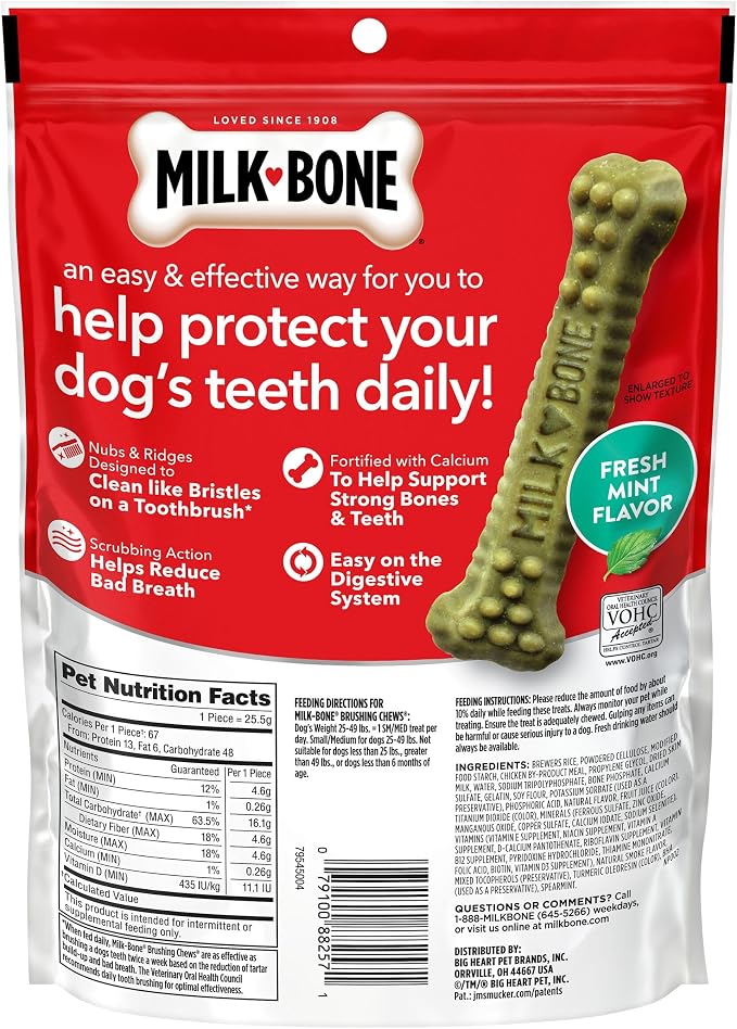 Milk-Bone Brushing Chews, Small/Medium, Fresh Flavor, 45 Dental Treats | 5 (9-count) bags, Daily dental dog treats, For dogs 25-49 lbs., Fresh mint flavor