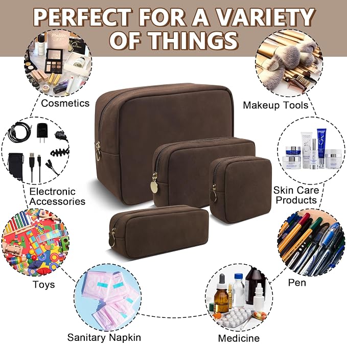UIXIZQ Waterproof Large Makeup Pouch,Suede Women Travel Toiletry Storage Preppy Cosmetic Bag for Girls,Big Makeup Organizer Bag Cute Zipper Pouch for Sport Work Gift(Large-Coffee)