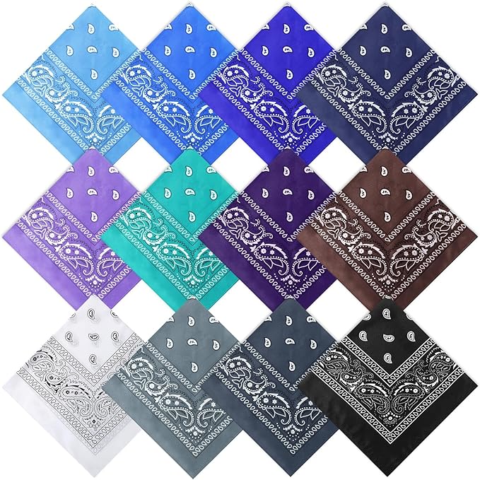 Suhine 12 Pcs Bandanas Bulk 22 x 22 Inch Paisley Headband Cowboy Handkerchief Christmas Thanksgiving Gift for Women Men