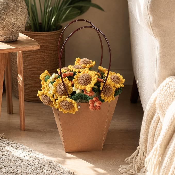 Ivydale 43inch Sunflowers Crochet Blanket Knitted Flower Bouquet Throw | Handmade Knitted Blanket, Gift for Her Girlfriend Mom Mother’s Day Valentine Wedding Anniversary Birthday