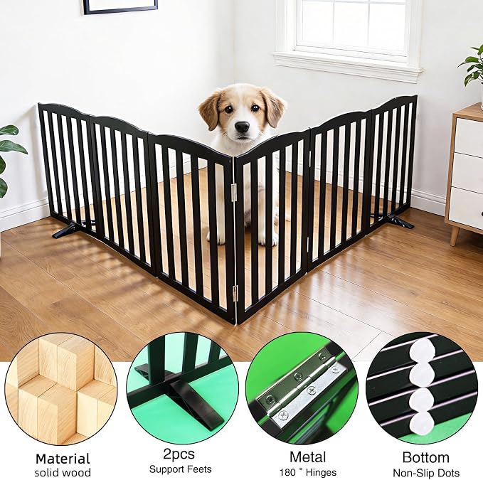 ZJSF Foldable Freestanding Indoor Dog Gate for House Wood Long Pet Gates Dog Fence for Stairs Puppy Gates for Hallways, Puppy Gate,Support Feet Included, Black, 32 "Height-6 Panels