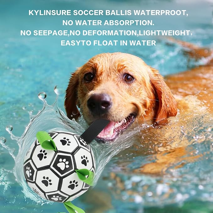 Dog Soccer Ball with Straps, 7.25 Inch Herding Dog Ball Toys Dog Birthday Toy, Balls for 30-90lbs Dogs, Outdoor Dog Ball Toy for Medium Large Puppy, Interactive Toy for Tug, Water Toy Ball