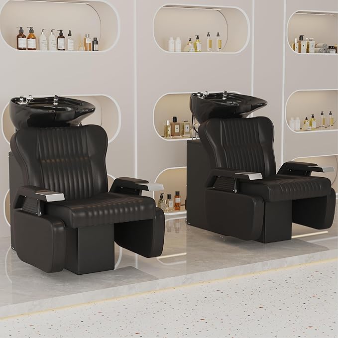 Barber Backwash Chair, Salon Shampoo Bowl and Chairs, Shampoo Unit with Neck Rest, Hair Washing Station with Ceramic Bowl, Shampoo Bowl Sink Chair Station for Spa Beauty Salon, Black