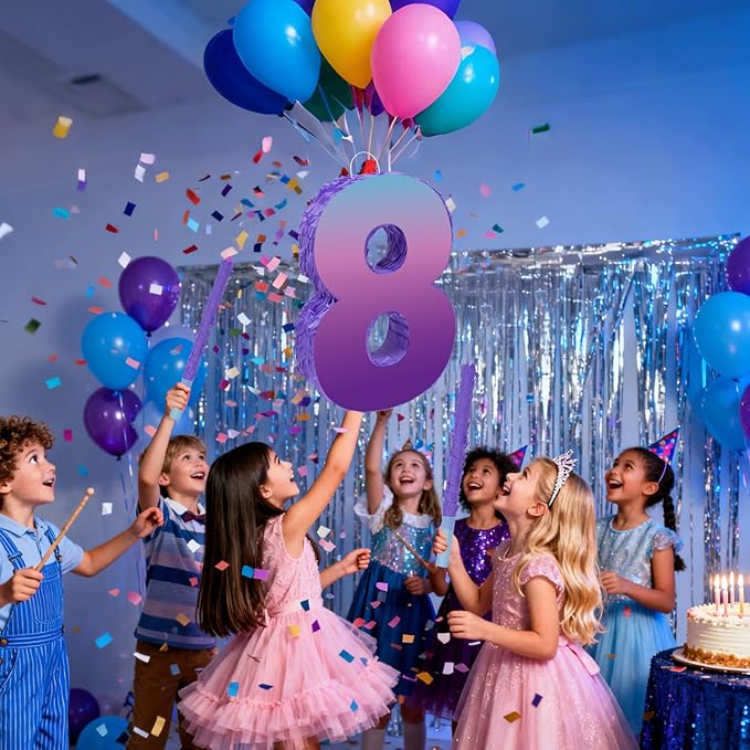 Purple Birthday Party Decorations, Purple Number 8 Pinata with Stick Blindfold Confetti for Girls Boys 8th Birthday Activity Game Gift (15.7 x 11.5 x 3 In)